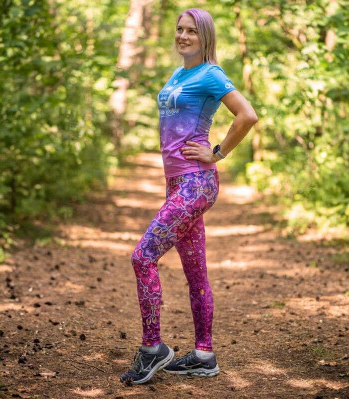 różowe legginsy do biegania orchidea