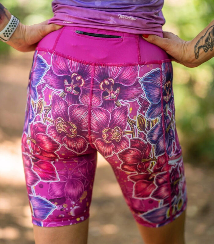 różowe legginsy do biegania z kieszonką na telefon orchidea