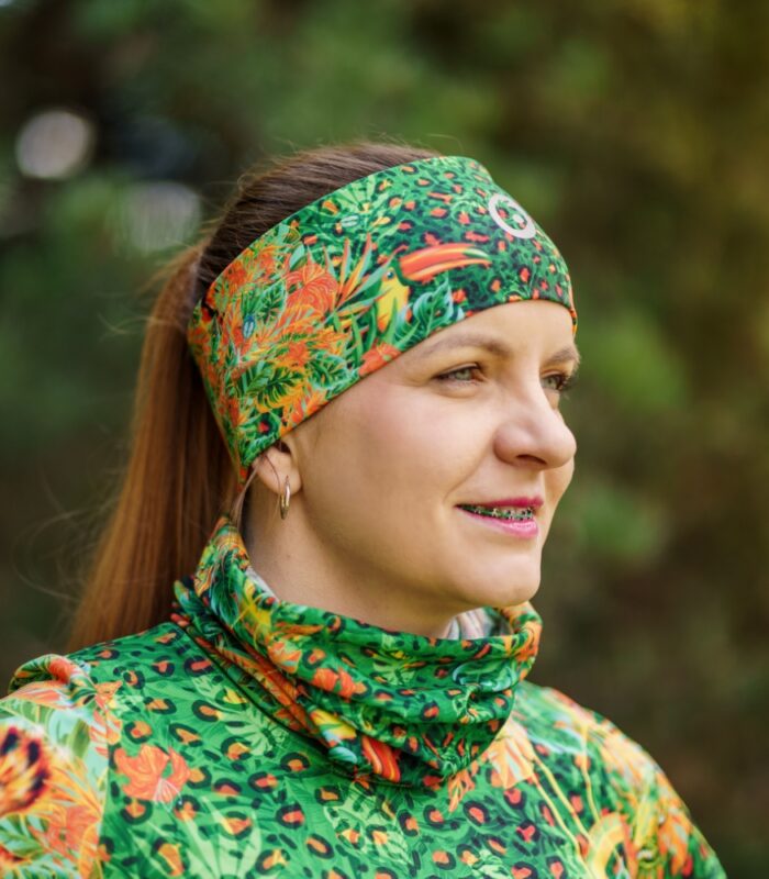 pomarańczowo zielona opaska sportowa na głowę jungle