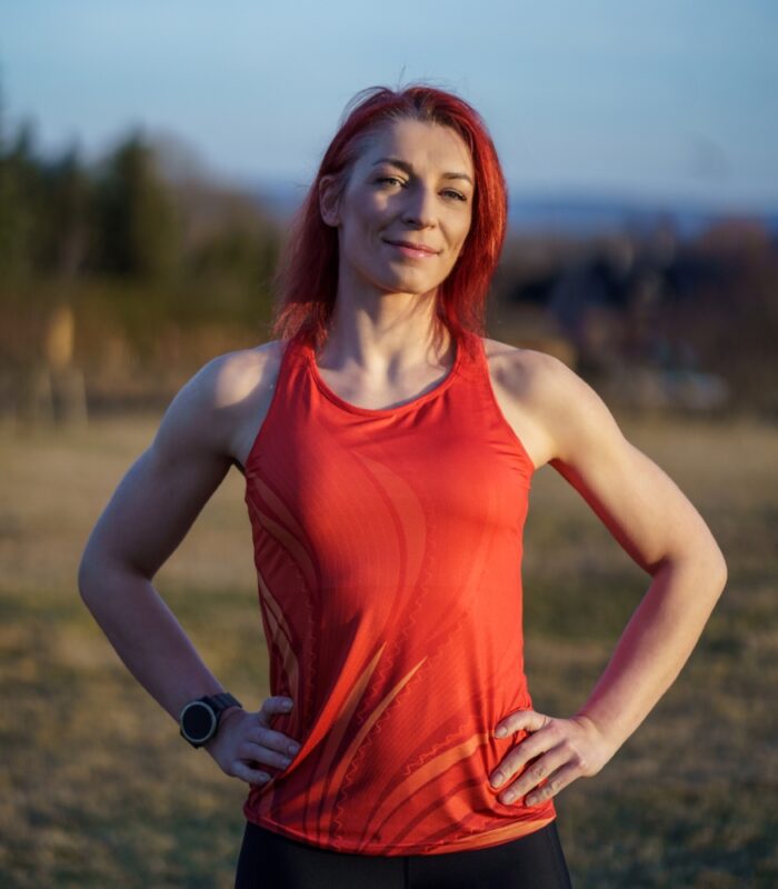 pomarańczowa koszulka bokserka tanktop sportowy techniczny damski Vulcano