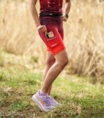 Czerwono czarne legginsy sportowe damskie krótkie wino