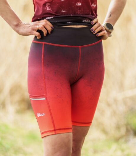 Czerwono czarne legginsy sportowe damskie krótkie wino