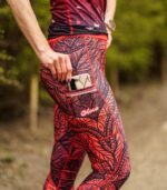 damskie legginsy sportowe czerwono czarne z kieszonką na telefon róże