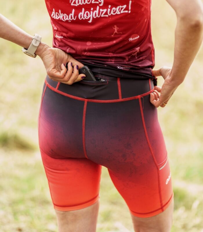 Czerwono czarne legginsy sportowe damskie krótkie wino