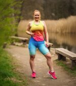 niebieskie legginsy do biegania z kieszonką na telefon błękitna laguna