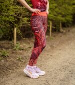 damskie legginsy sportowe czerwono czarne z kieszonką na telefon róże