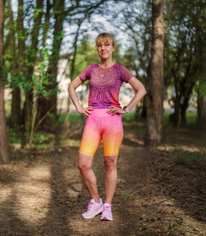 kolorowe legginsy sportowe damskie z kieszonką na telefon brzoskwinka