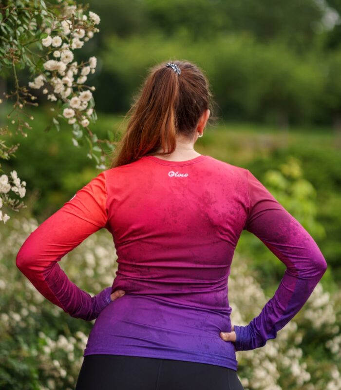 kolorowy longsleeve sportowy damski koszulka z długim rękawem czerwono fioletowa śliwka