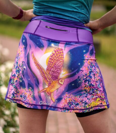 spódniczka do biegania z wbudowanymi spodenkami z kieszonką na telefon fioletowa sowa