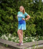 spódniczka do biegania z wbudowanymi spodenkami z kieszonką na telefon niebieska błękitna laguna