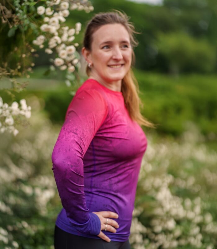 kolorowy longsleeve sportowy damski koszulka z długim rękawem czerwono fioletowa śliwka