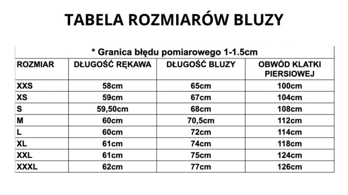 tabela rozmiarów bluza
