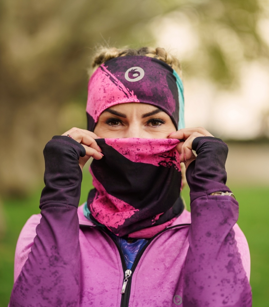 fluo róż czerń turkus zestaw sportowy opaska i komin