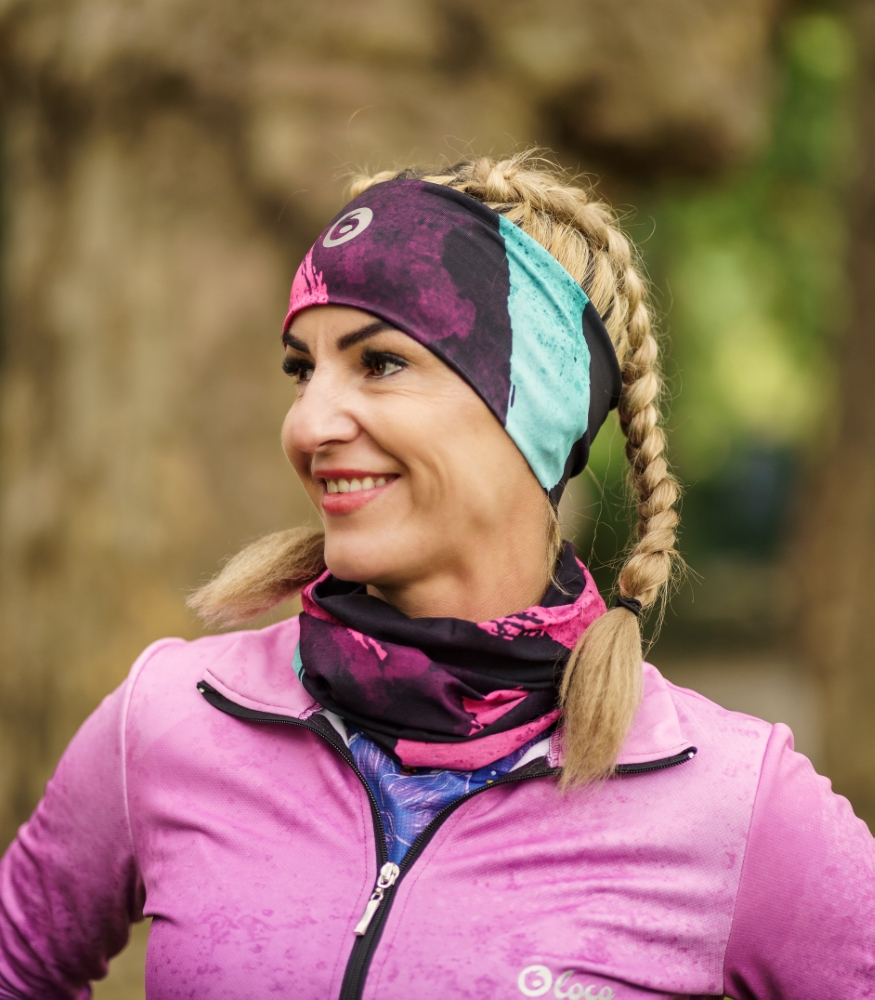 fluo róż czerń turkus zestaw sportowy opaska i komin