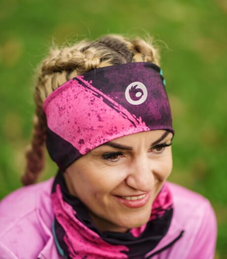 fluo róż czerń turkus zestaw sportowy opaska i komin