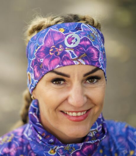 nocna orchidea zestaw opaska komin kwiaty fioletowe niebieskie