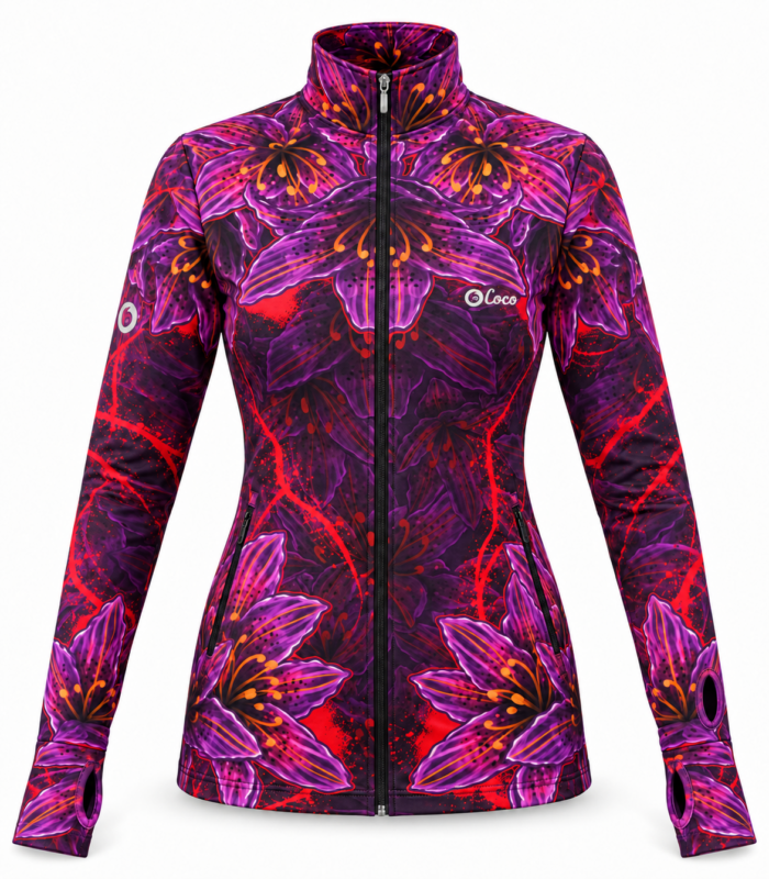 Mockup przodu damskiej bluzy Czarna Lilia LOCO ze stójką, czarnym zamkiem i dwiema kieszeniami