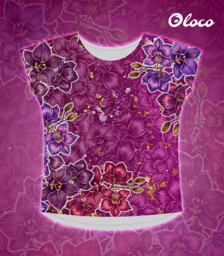 kolorowa koszulka sportowa z dużym dekoltem krój nietoperz orchidea