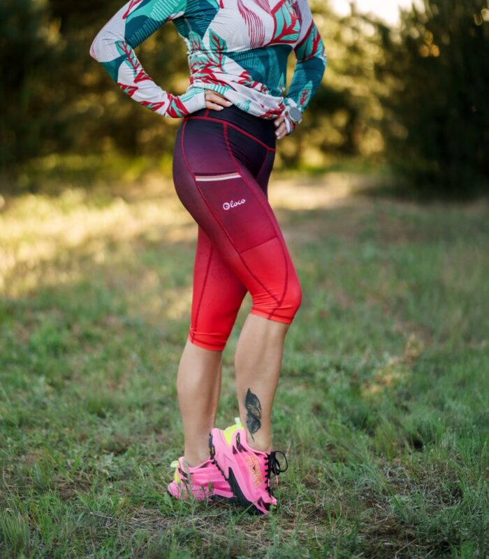 legginsy do bieganie z kieszonką 3/4 czerwone wino